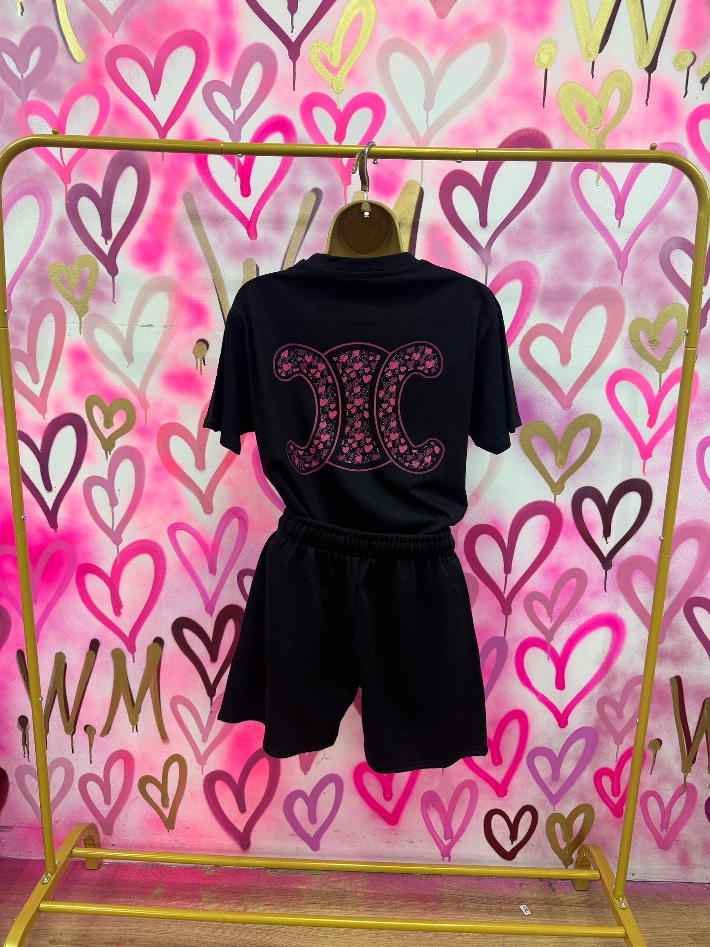 CiCi “Pink Hearts” Black T-Shirt Short Set