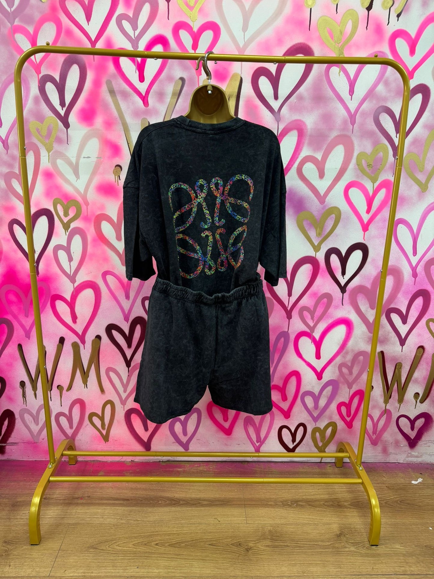 Lola “Rainbow Hearts” Acid Wash T-Shirt Short Set