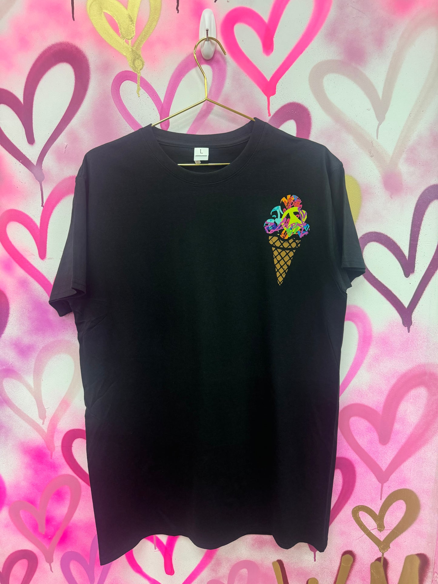 Ice Cream “Rainbow Collage” - Black T-Shirt Dress