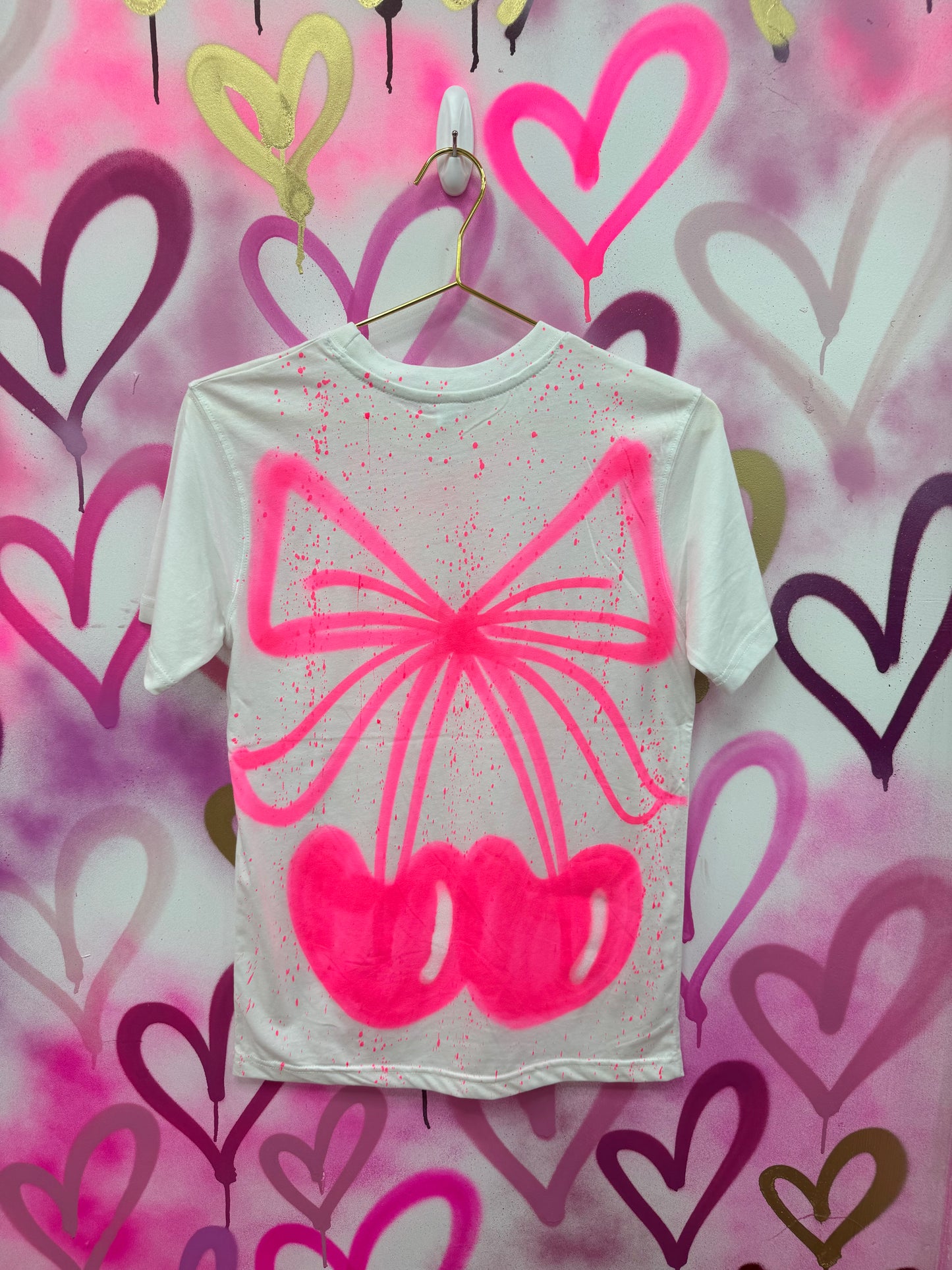 Cherry Bow “Neon Pink” - White T-Shirt