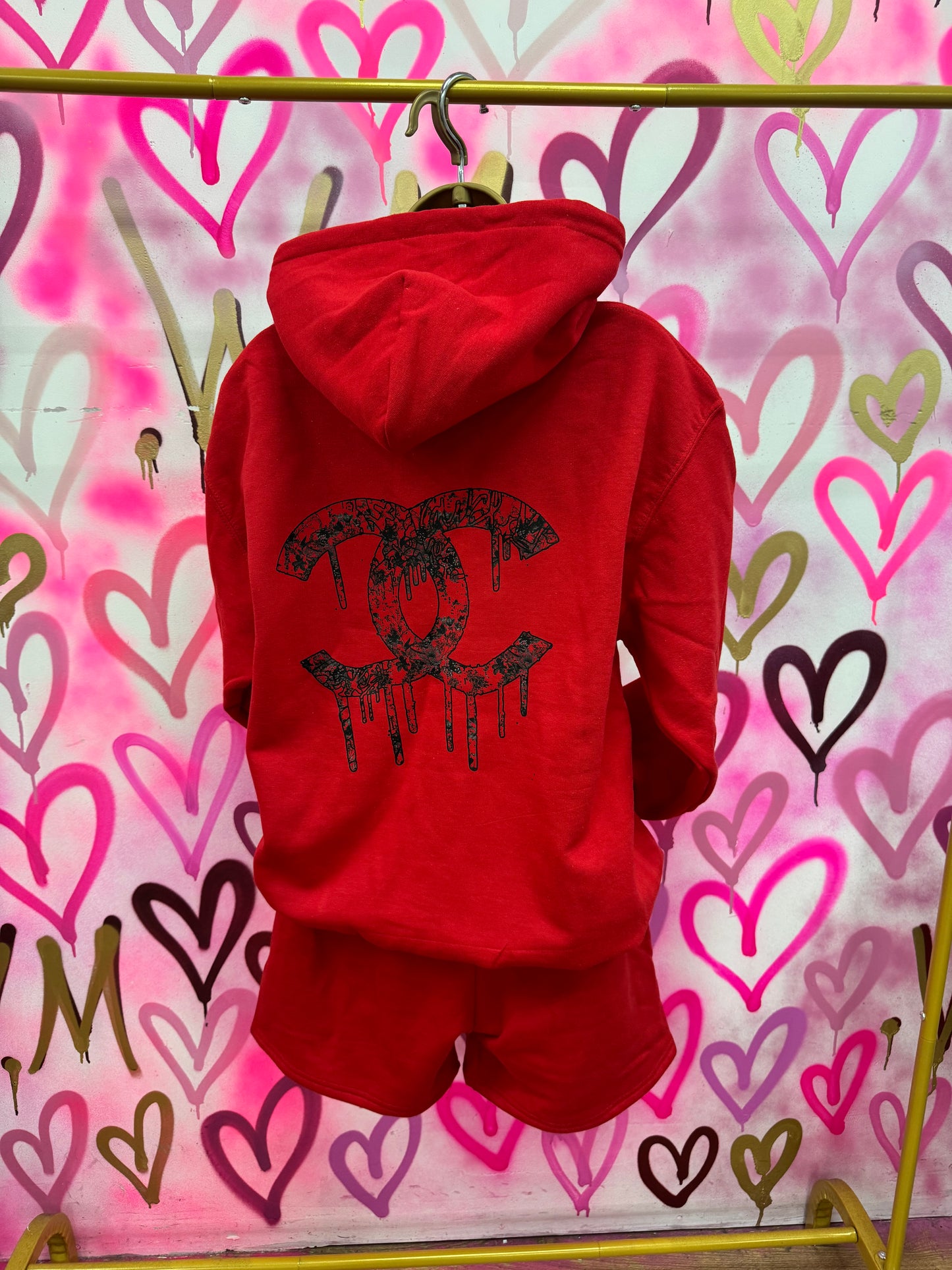 Drip City “Black Floral” - Red Hoodie Short Set