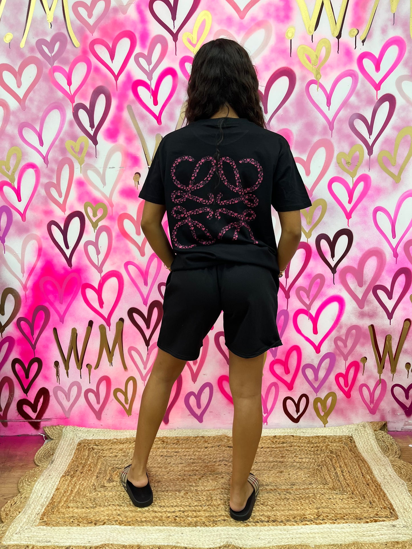 Lola “Pink Hearts” Black Shorts Set
