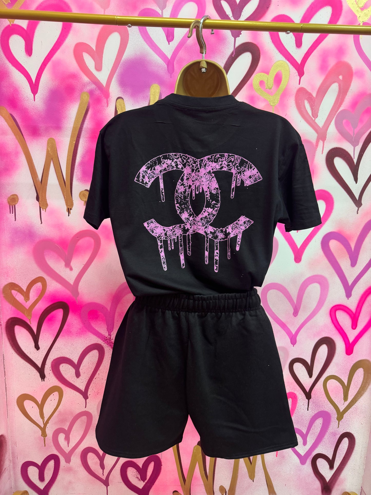 Drip City “Pink Floral” Black T-Shirt Short Set