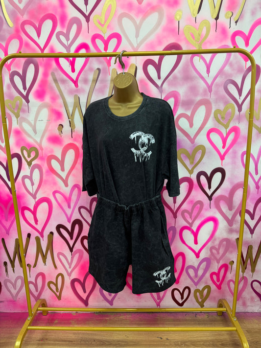 Drip City “White Floral” - Acid Wash T-Shirt Short Set