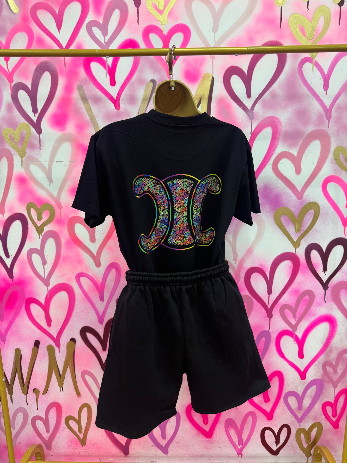 CiCi “Rainbow Hearts” Black T-Shirt Short Set