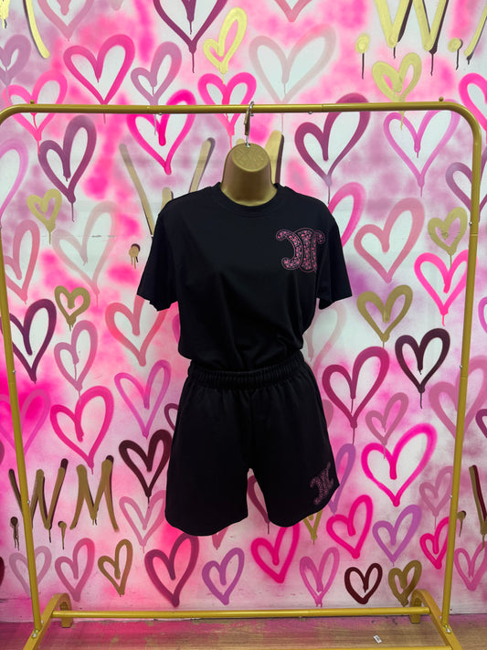 CiCi “Pink Hearts” Black T-Shirt Short Set
