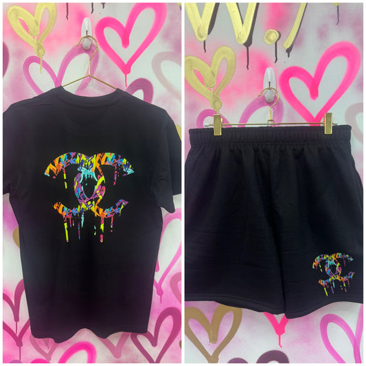 Drip City “Rainbow Collage” - Black T-Shirt Short Set
