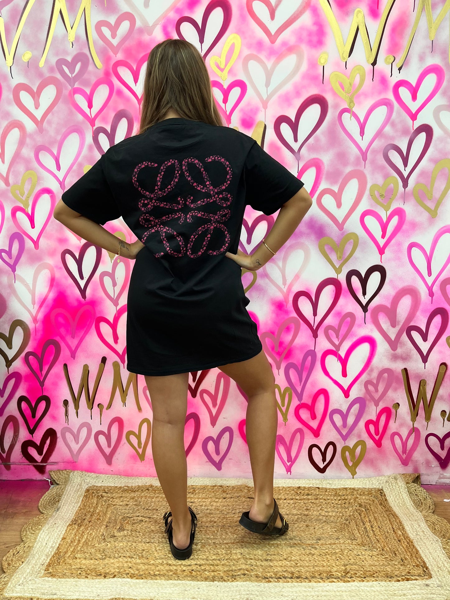 Lola “Pink Hearts” Black T-Shirt Dress