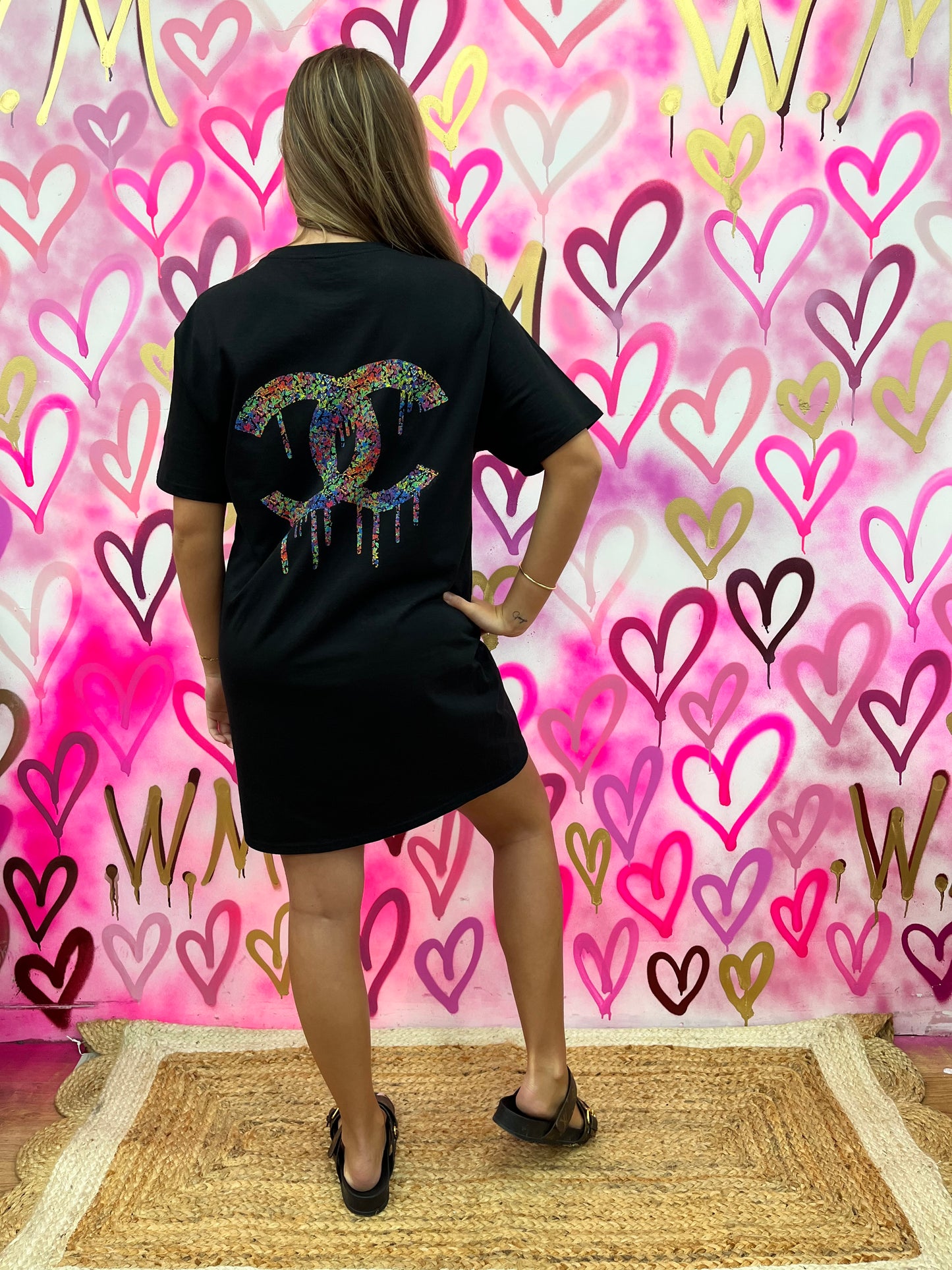 Drip City “Rainbow Hearts” Black T-Shirt Dress