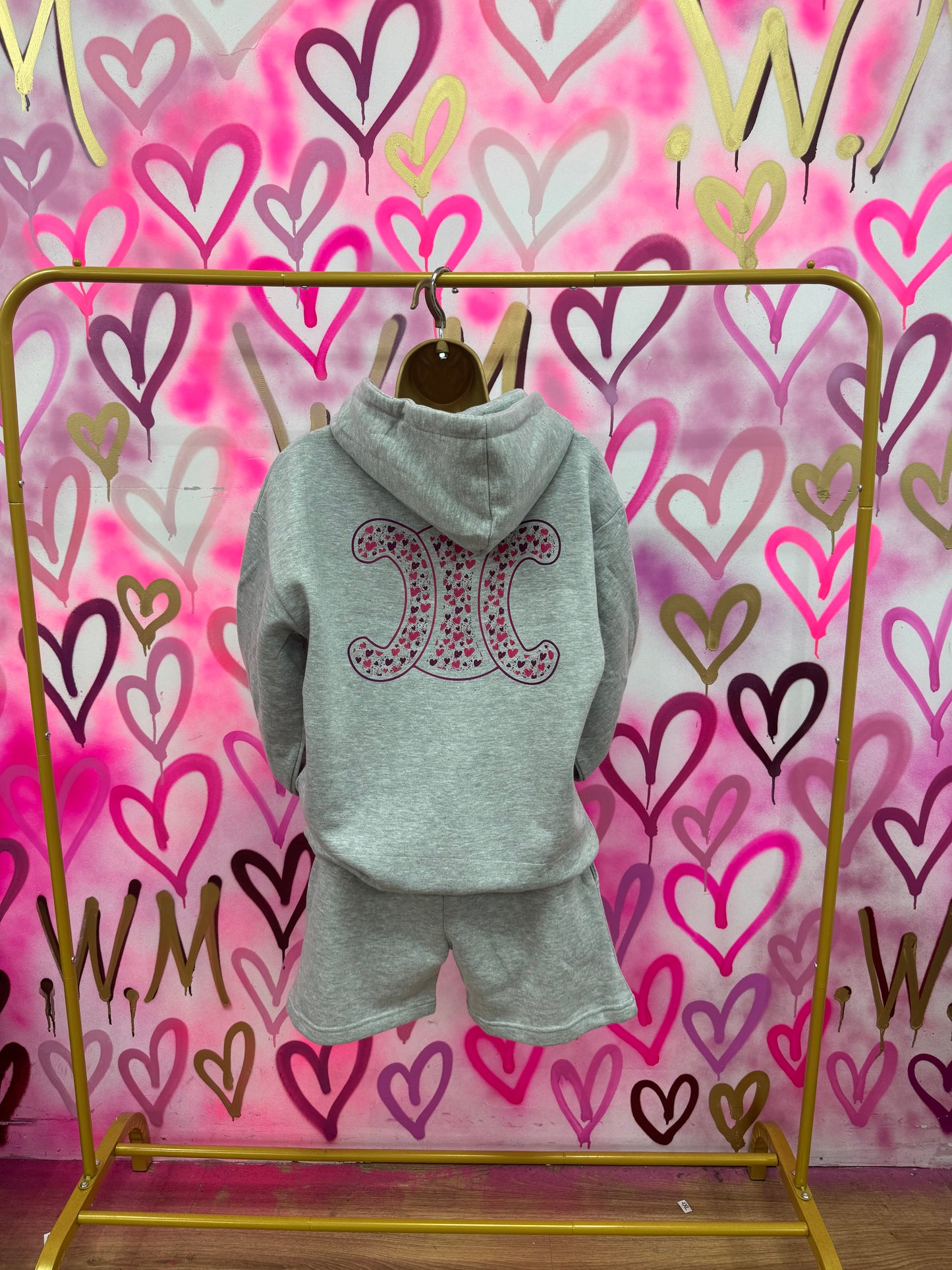 CiCi “Pink Hearts” Grey Hoodie Short Set