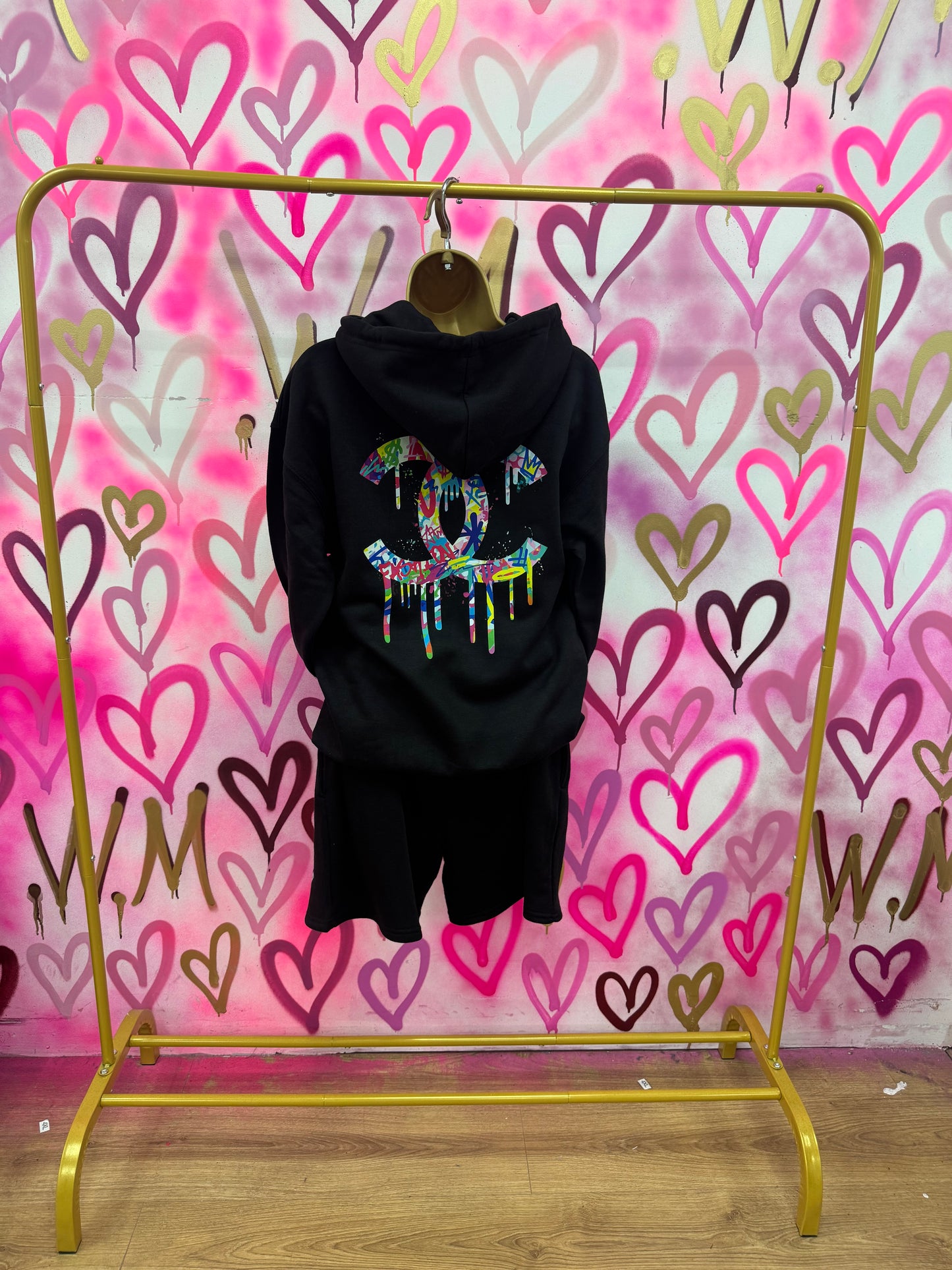 Drip City “Multicoloured” Black Hoodie Short Set