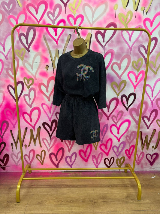 Drip City “Rainbow Hearts” Acid Wash T-Shirt Short Set