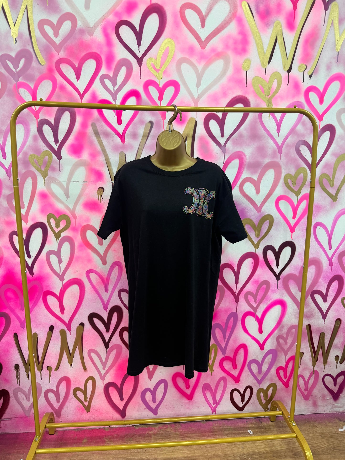 CiCi “Rainbow Hearts” Black T-Shirt Dress