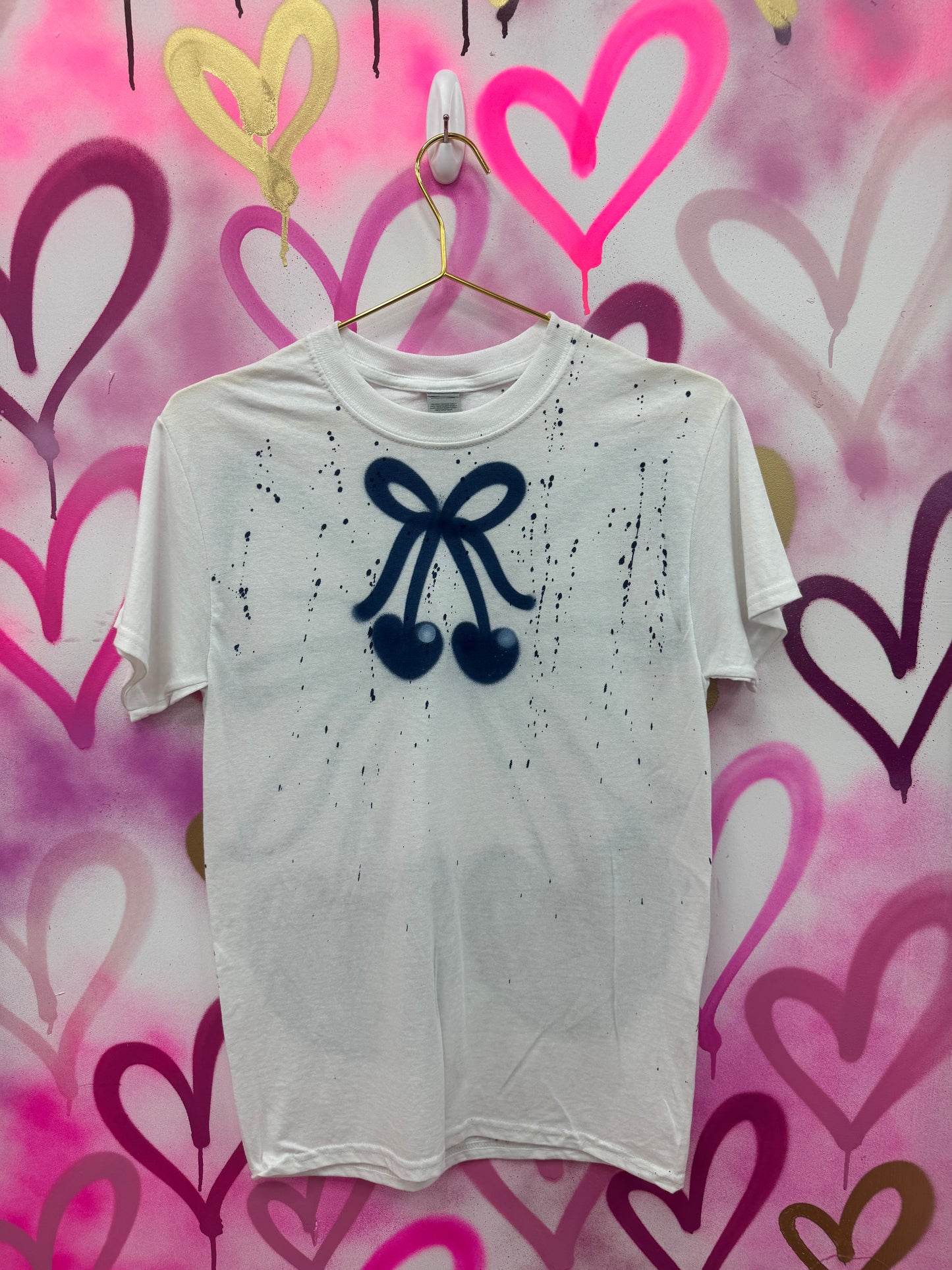 Cherry Bow “Navy Blue” - White T-Shirt
