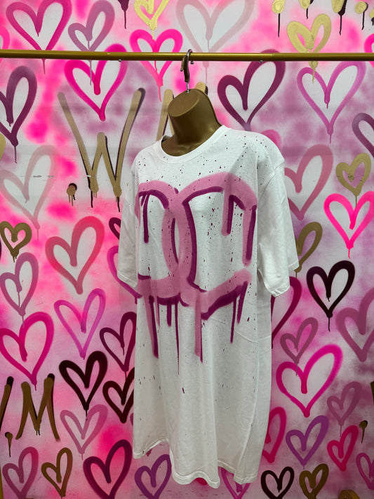 Drip City “Raspberry Pink” - White T-Shirt Dress