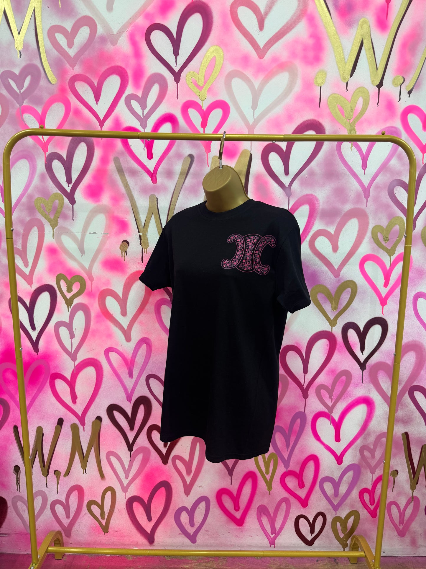 CiCi “Pink Hearts” Black T-Shirt Dress