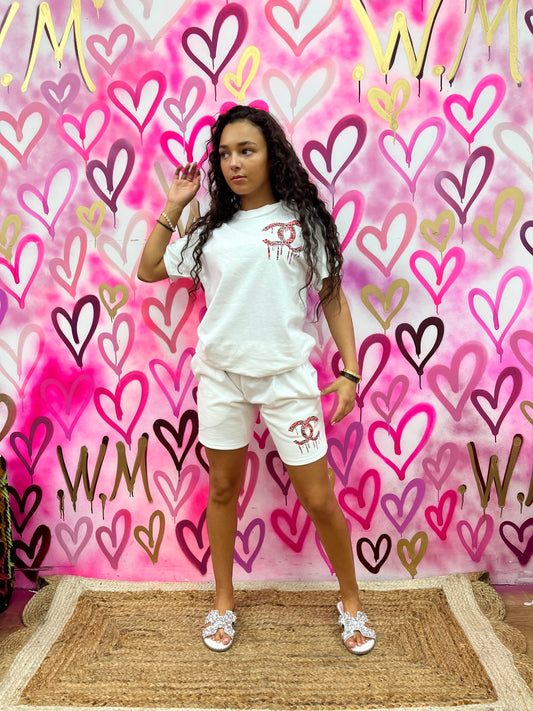 Drip City “Black & Red Hearts” White T-shirt Shorts set