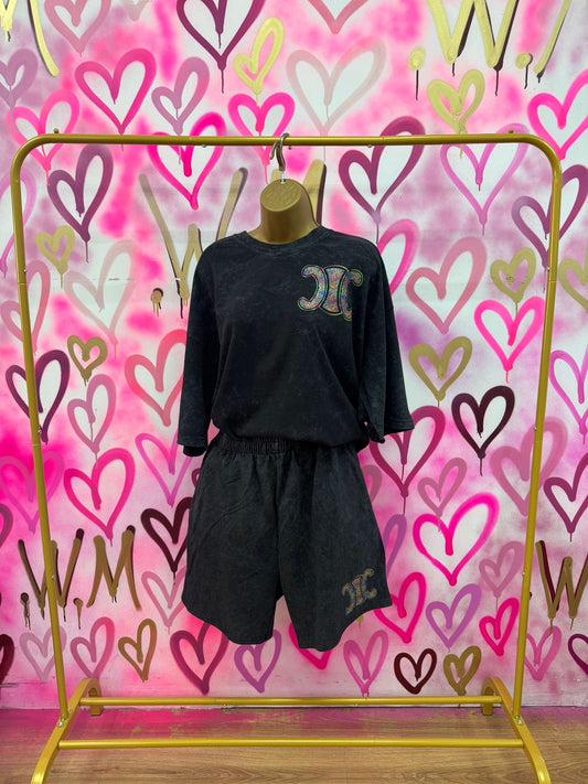 CiCi “Rainbow Hearts” Acid Wash T-Shirt Short Set