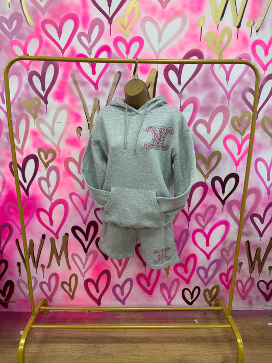 CiCi “Pink Hearts” Grey Hoodie Short Set