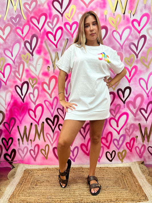 CiCi “Rainbow” White T-Shirt Dress