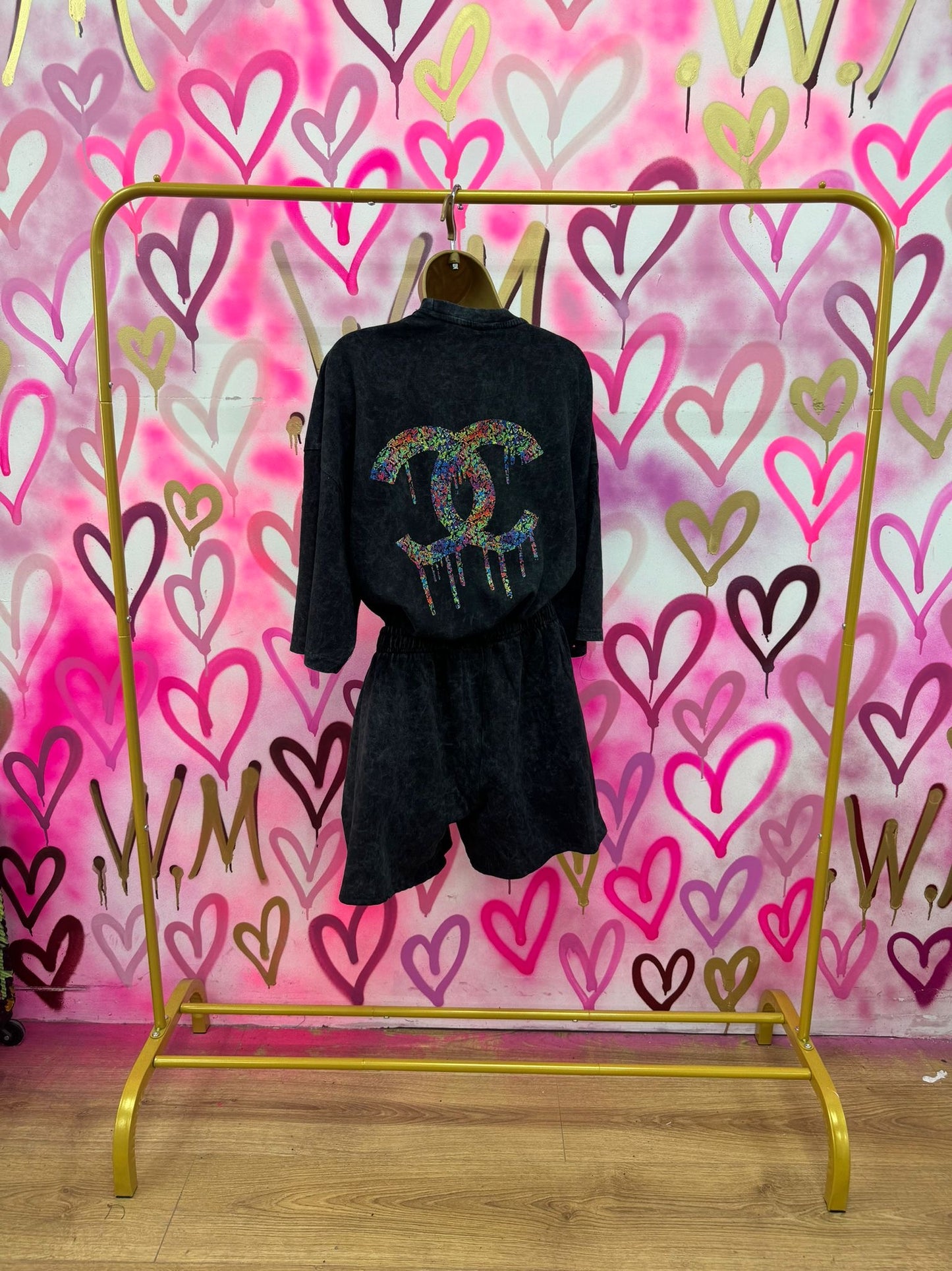 Drip City “Rainbow Hearts” Acid Wash T-Shirt Short Set