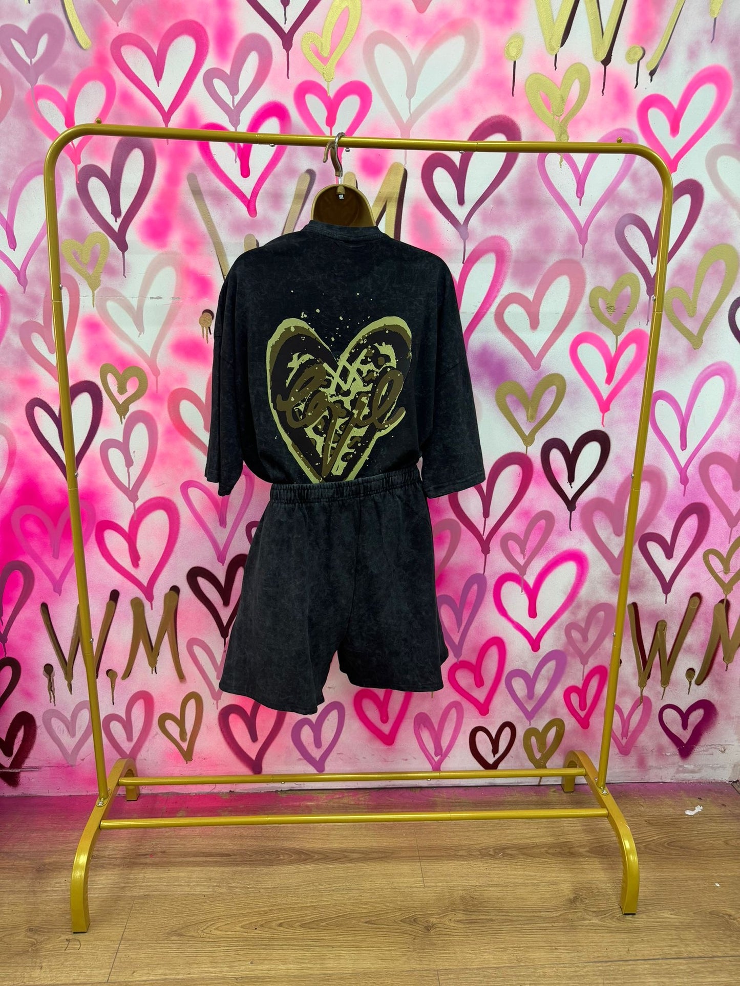 Love Heart “Leopard Print” Acid Wash T-Shirt Short Set