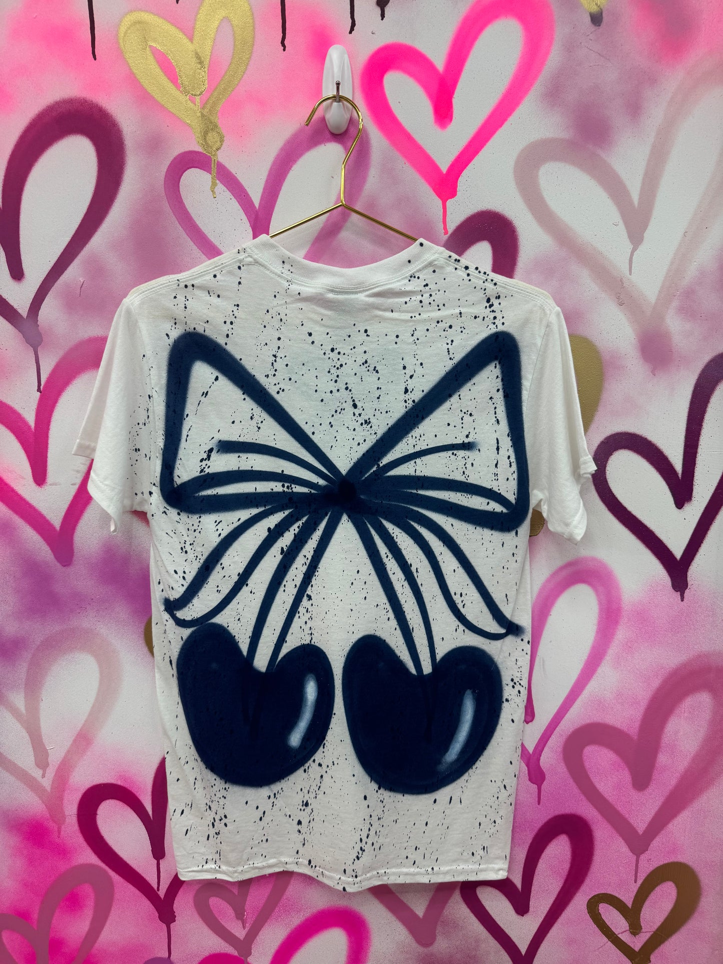 Cherry Bow “Navy Blue” - White T-Shirt