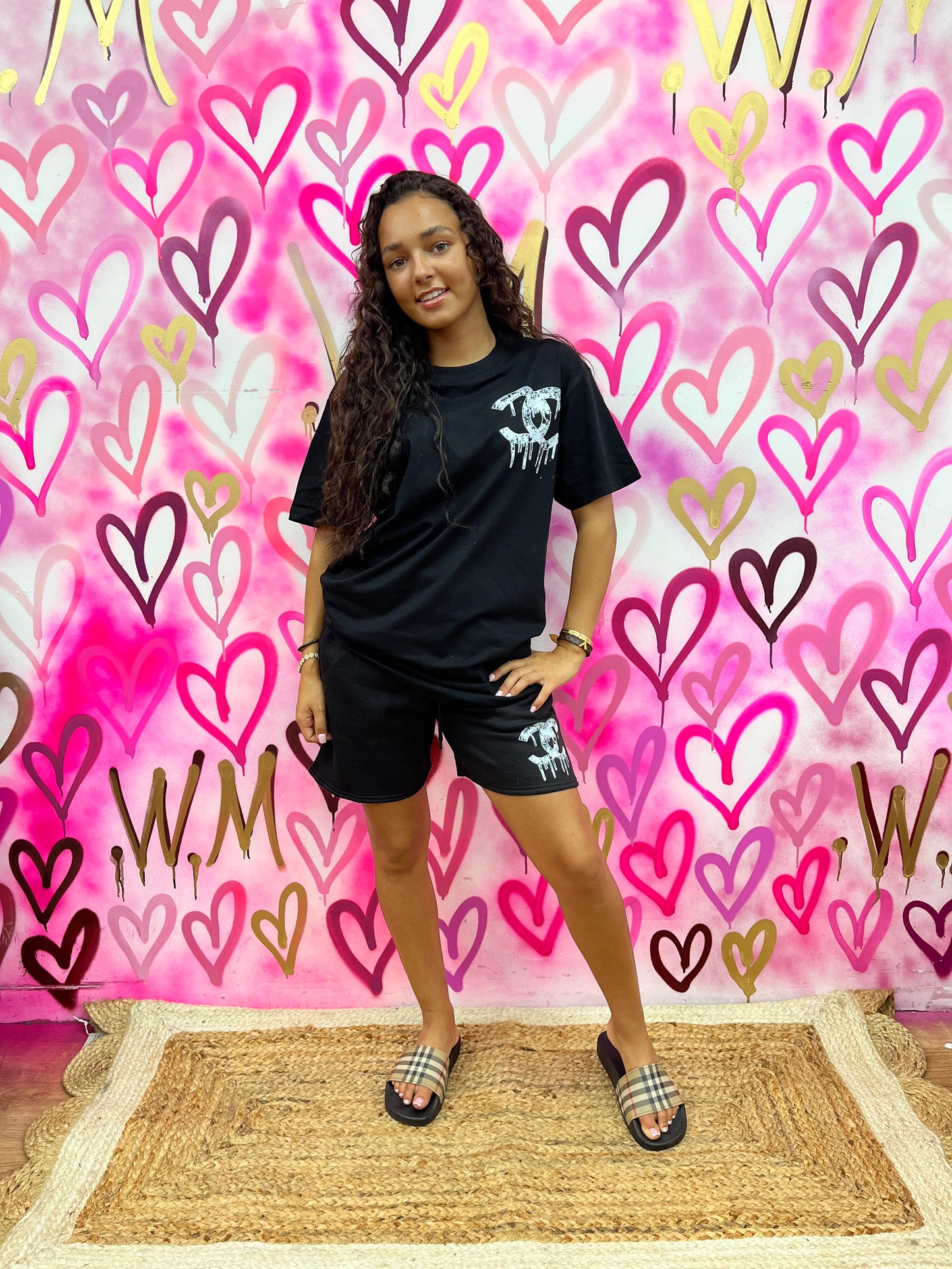 Drip City “White flowers” Black Shorts Set