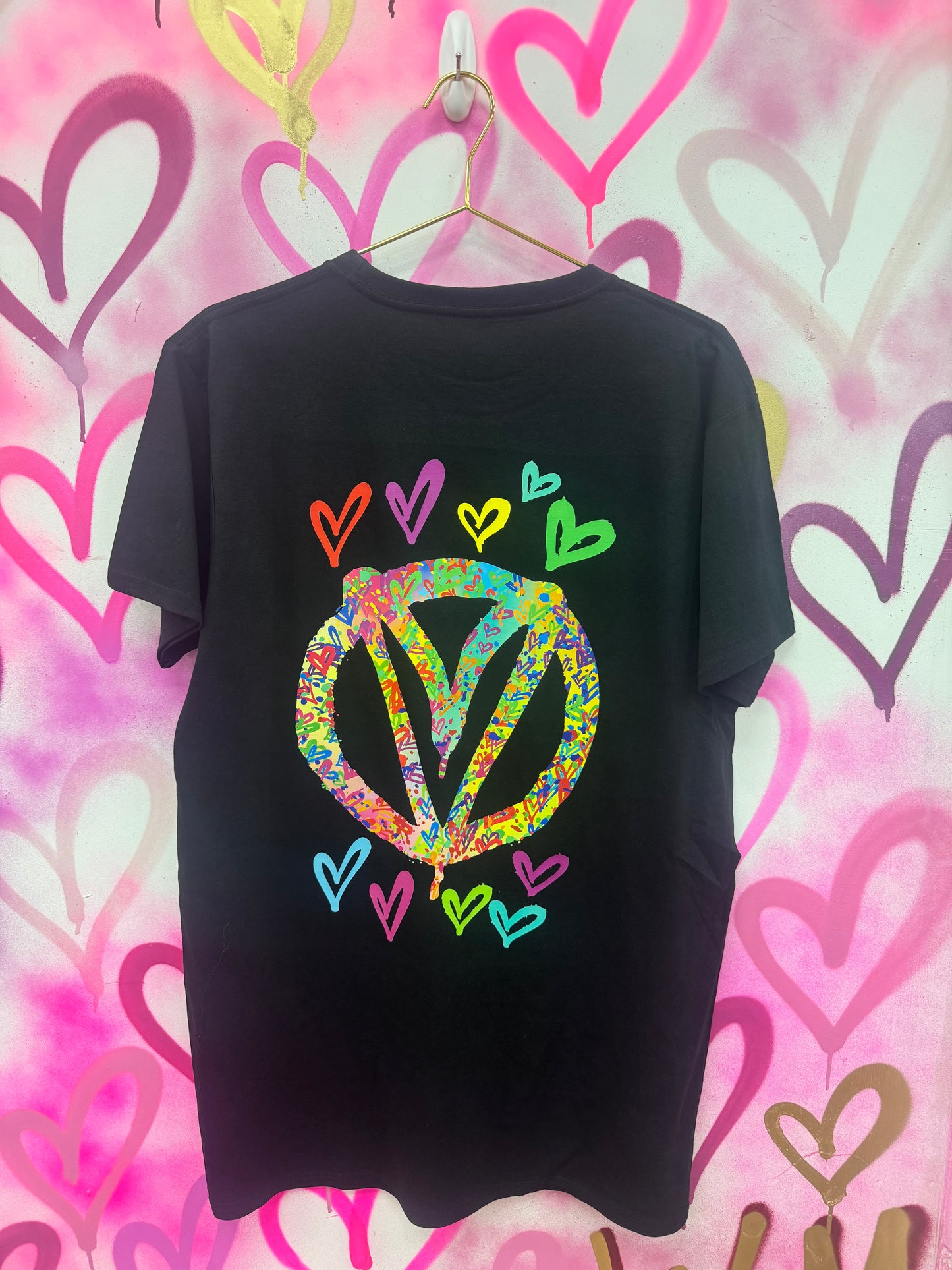 Peace & Love “Rainbow Hearts” - Black T-Shirt Dress