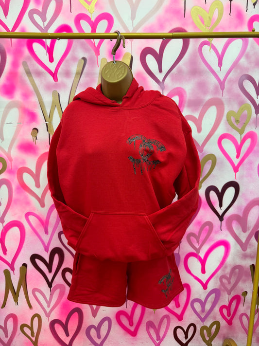 Drip City “Black Floral” - Red Hoodie Short Set