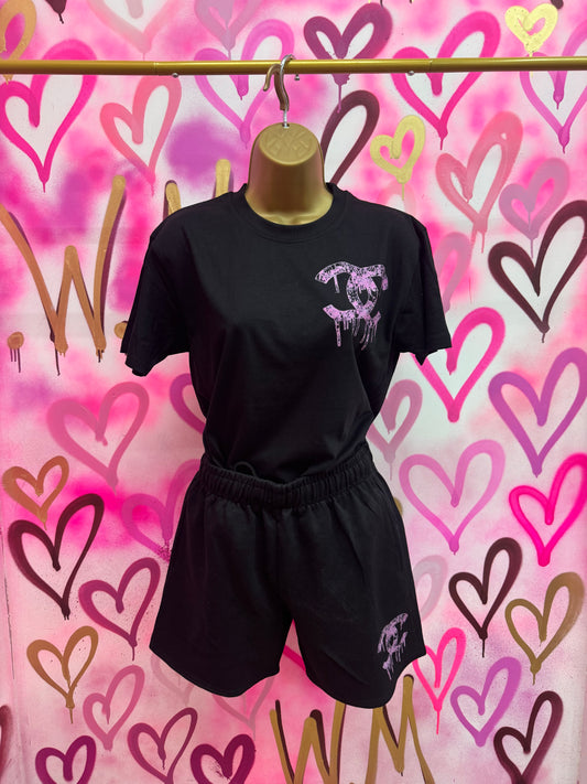 Drip City “Pink Floral” Black T-Shirt Short Set