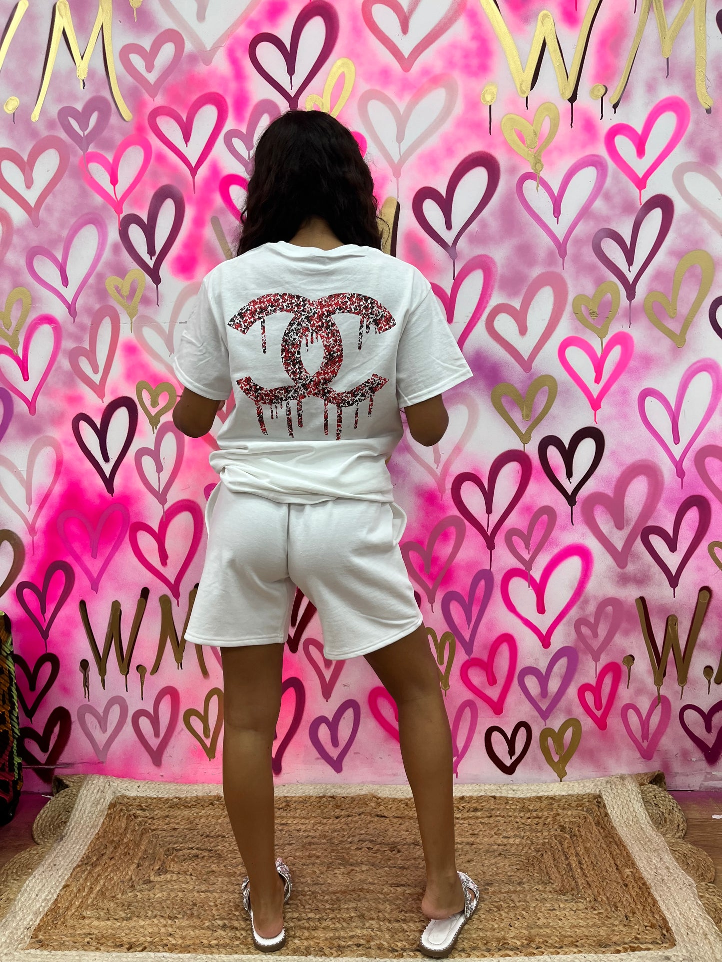 Drip City “Black & Red Hearts” White T-shirt Shorts set