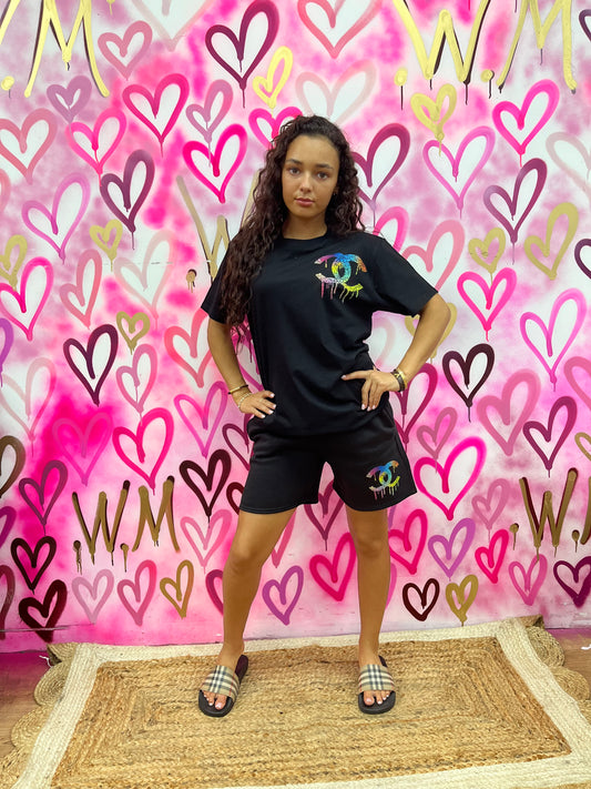 Drip City “Rainbow Hearts” Black T-Shirt Shorts Set