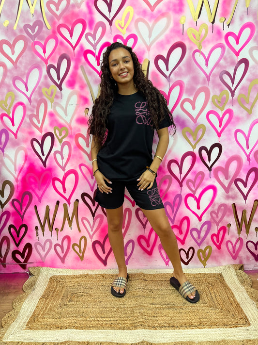 Lola “Pink Hearts” Black Shorts Set