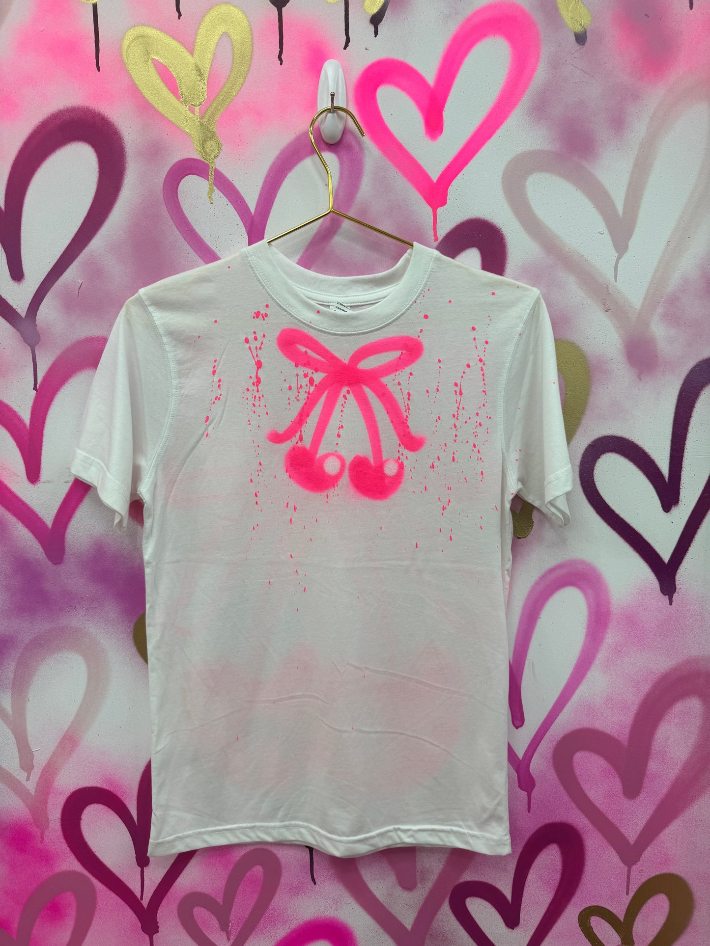 Cherry Bow “Neon Pink” - White T-Shirt