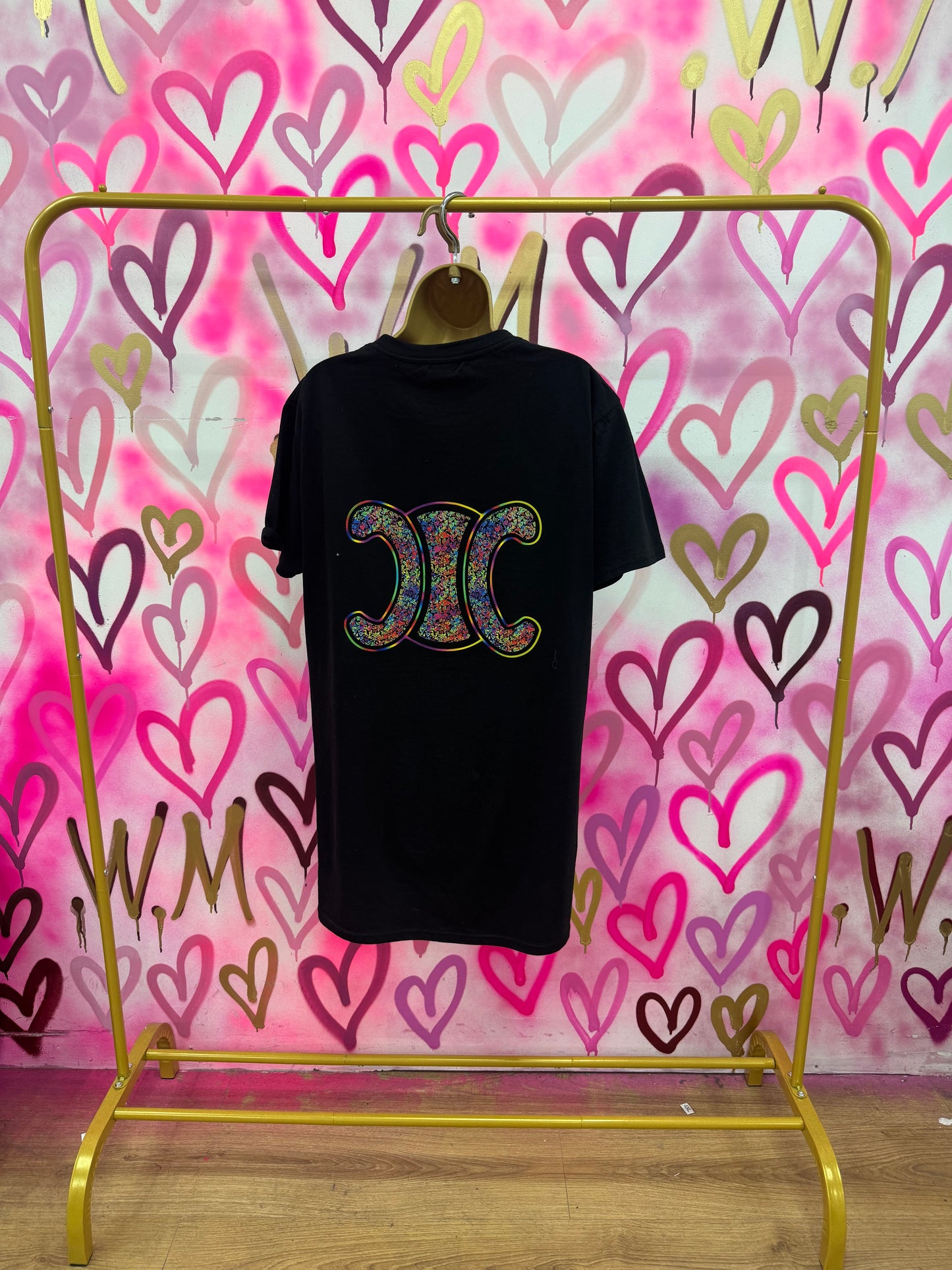 CiCi “Rainbow Hearts” Black T-Shirt Dress