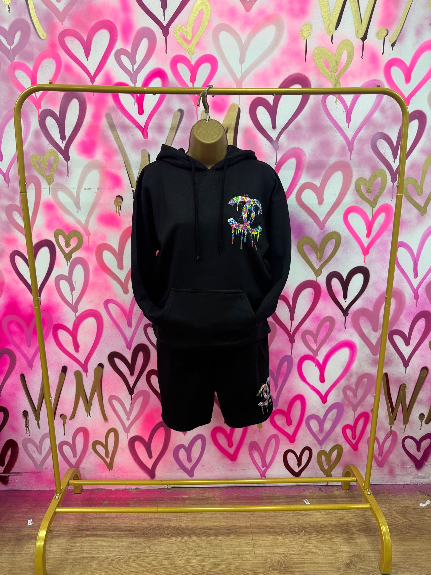 Drip City “Multicoloured” Black Hoodie Short Set