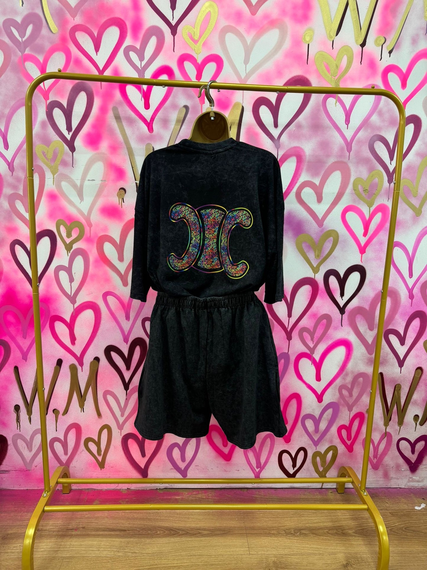 CiCi “Rainbow Hearts” Acid Wash T-Shirt Short Set