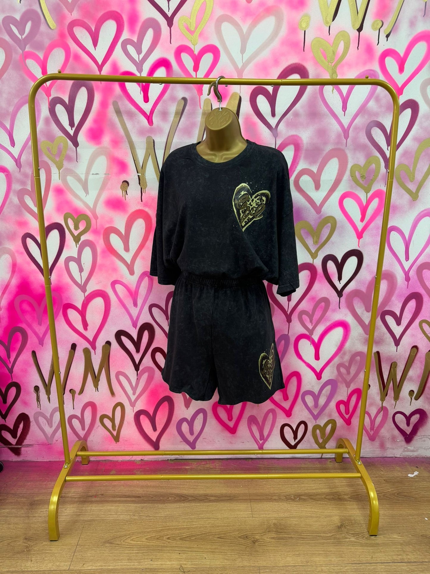 Love Heart “Leopard Print” Acid Wash T-Shirt Short Set