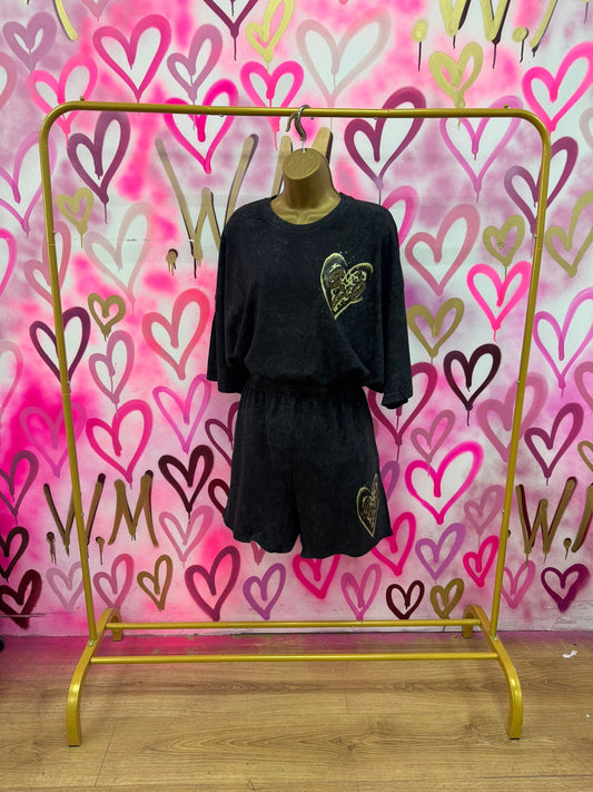 Love Heart “Leopard Print” Acid Wash T-Shirt Short Set