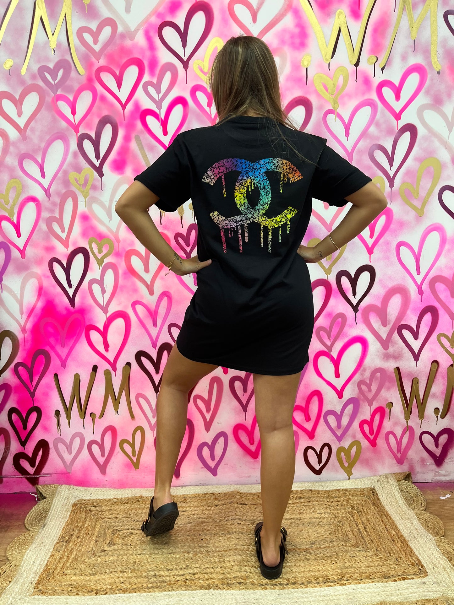 Drip City “Rainbow Hearts” Black T-Shirt Dress