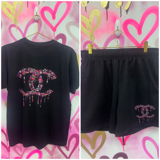 Drip City “Pink Collage” - Black T-Shirt Short Set