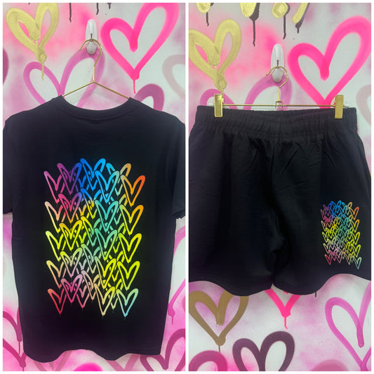 Love Hearts “Rainbow Gradient” - Black T-Shirt Short Set