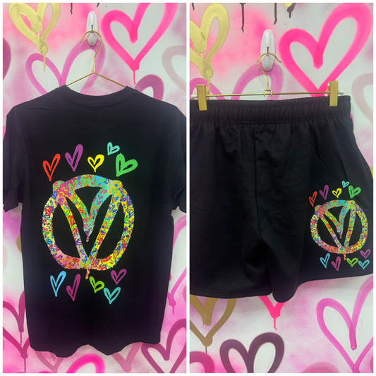 Peace & Love “Rainbow Hearts” - Black T-Shirt Short Set