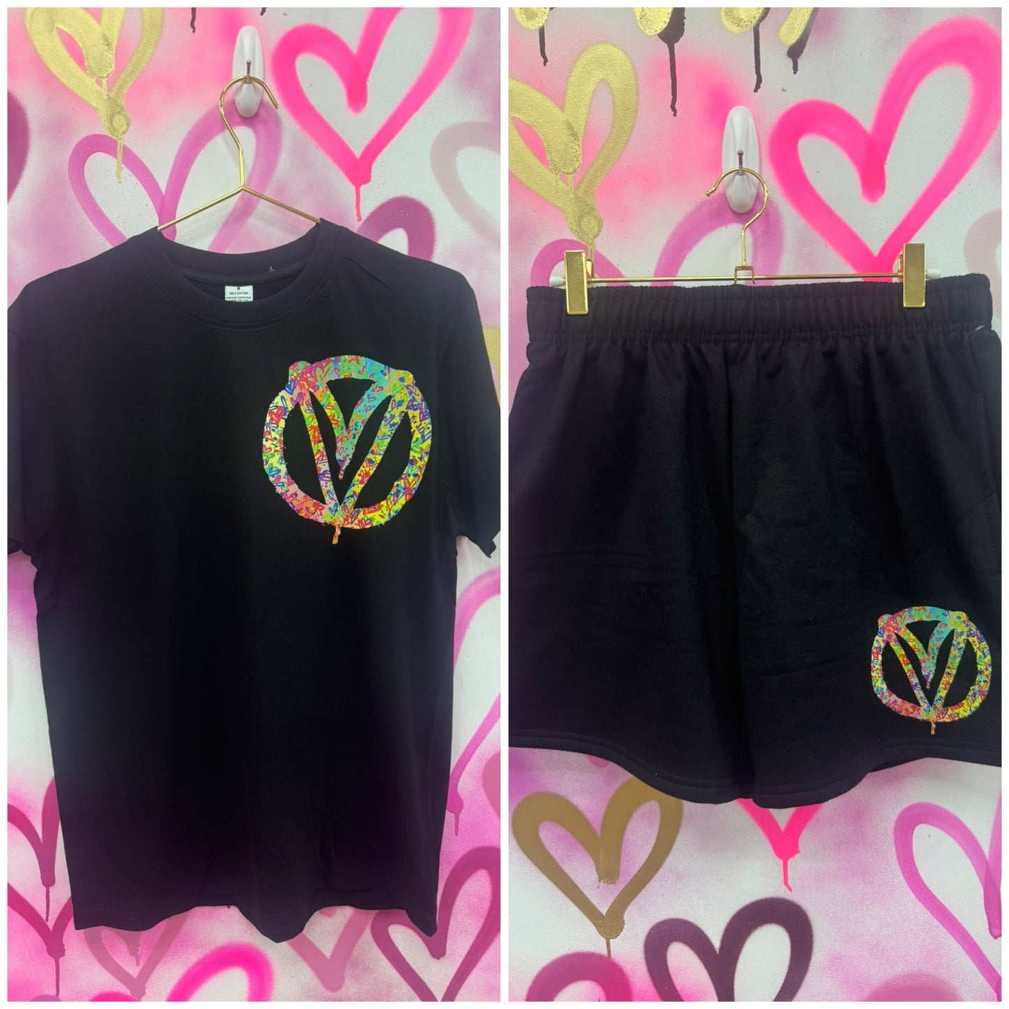 Peace & Love “Rainbow Hearts” - Black T-Shirt Short Set