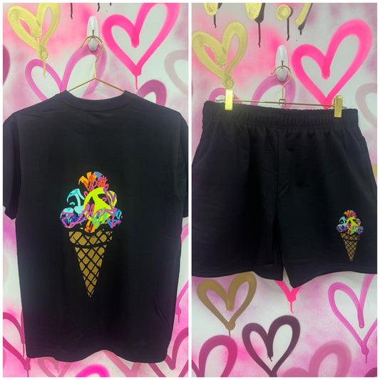 Ice Cream “Rainbow Collage” - Black T-Shirt Short Set