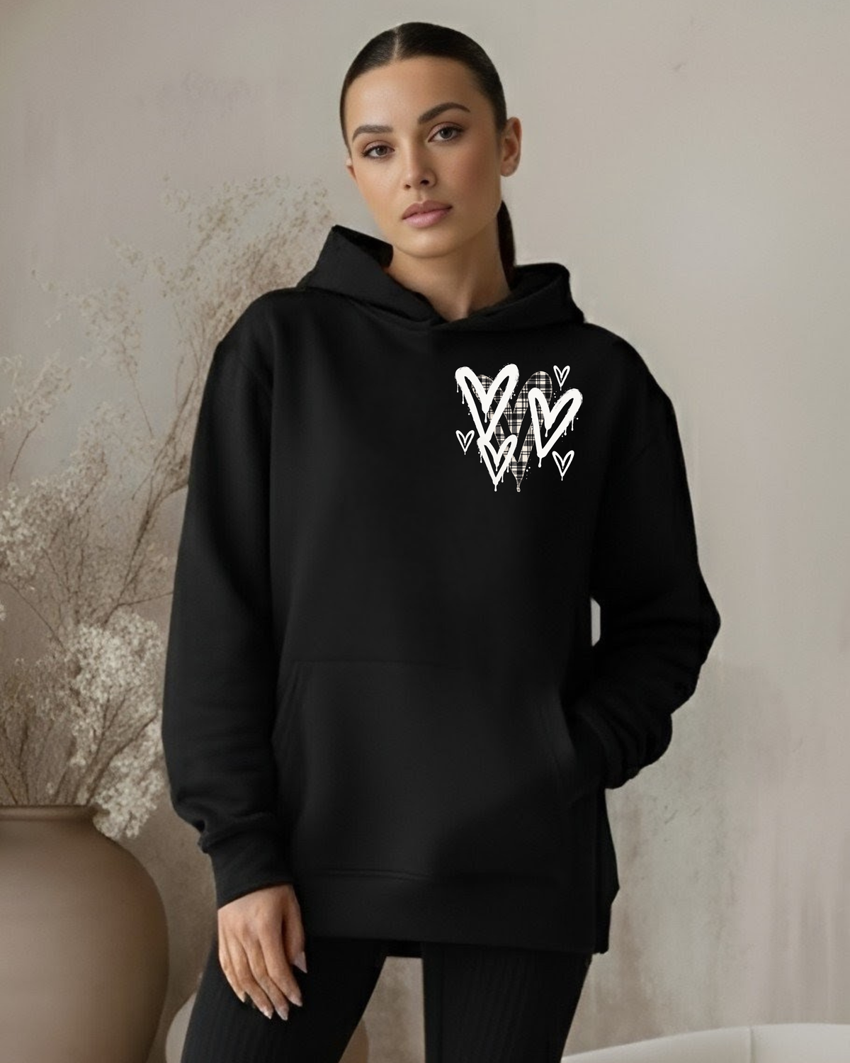 Small Tartan Graffiti Hearts - Black Hoodie