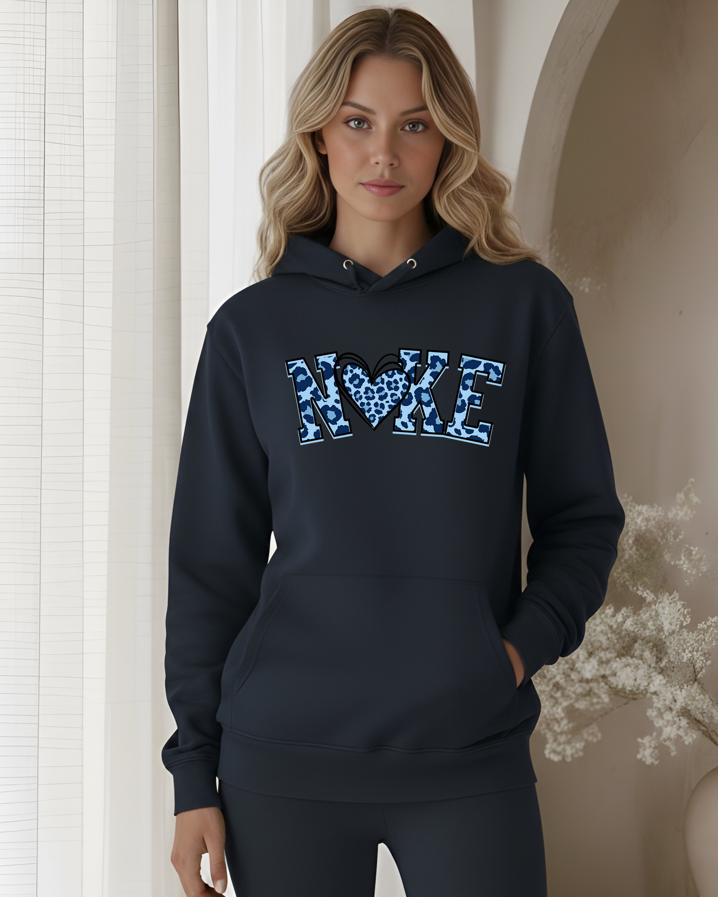 "NKE" Leopard - Baby Blue on Navy Hoodie