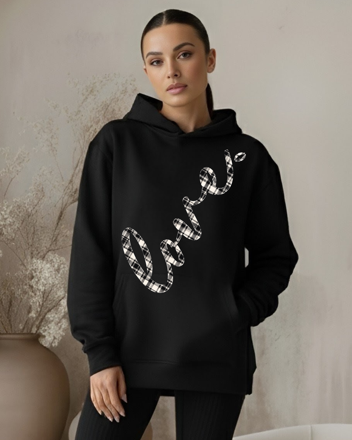 Tartan "LOVE" Black Hoodie