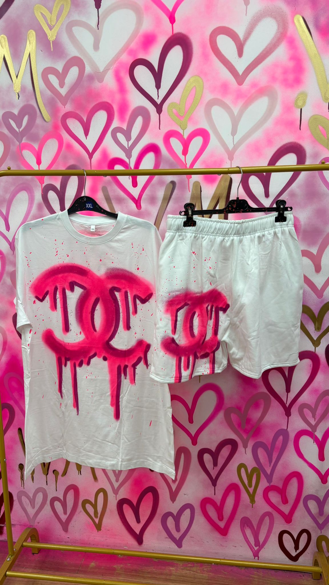 Drip City "Neon Pink" White T-shirt Shorts Set (Plus Size Only)